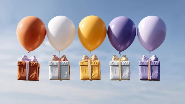 Series of balloons with boxes on top of them, each balloon is a different color. The balloons are floating in the air, and the boxes are of different sizes and colors. Concept of celebration and joy