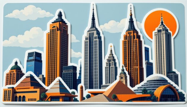 Art deco architecture stickers with skyscrapers, ziggurats, and streamlined design.