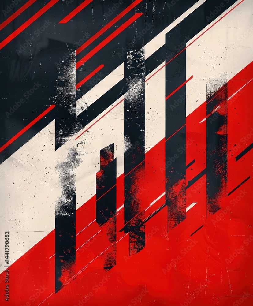 Poster abstract geometric composition with vertical black bars and diagonal red stripes overlaying a textur