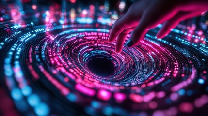 A swirling vortex of vibrant digital light and code.