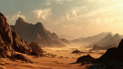Naklejka premium A vast Martian desert landscape with towering rocky mountains and expansive sand dunes, bathed in warm sunlight, evoking a sense of isolation.