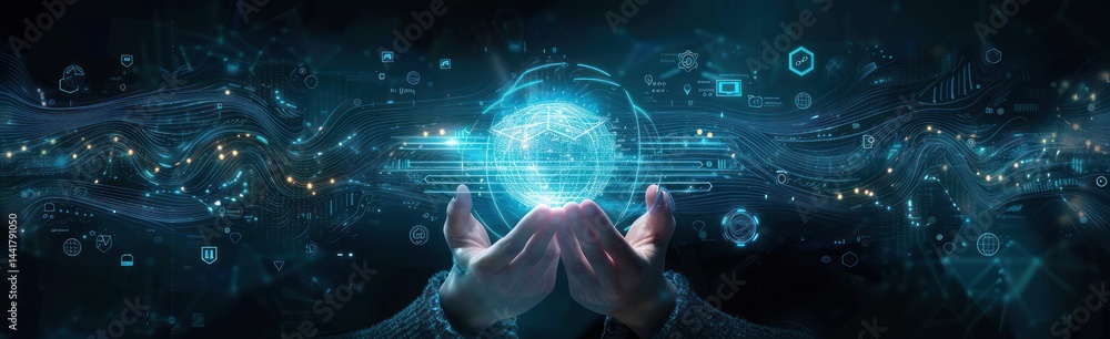 Poster human hands holding glowing digital globe surrounded by abstract data streams and futuristic technol