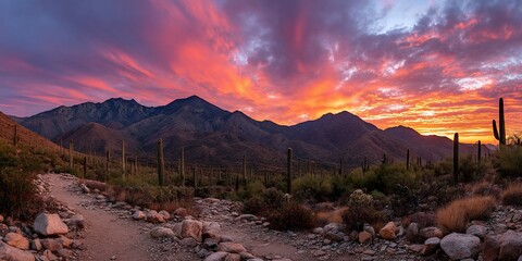 Desert Mountain Sunset Pathway; vibrant sunset over mountains with cacti and trail