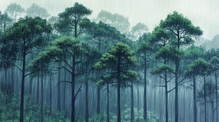 Pine Forest During Rainstorm Lush Trees