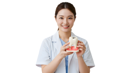 Dentist showing tooth model for dental care and oral hygiene education in clinic appointment visit on transparent background