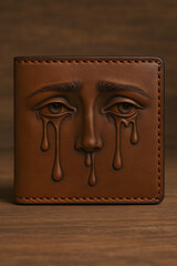 Wallet of Tears: A striking close-up unveils a meticulously crafted brown leather wallet, its surface adorned with an artistic rendering of tearful eyes.