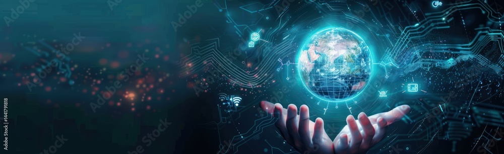 Poster two hands reaching towards a glowing digital globe surrounded by holographic technology icons and ci