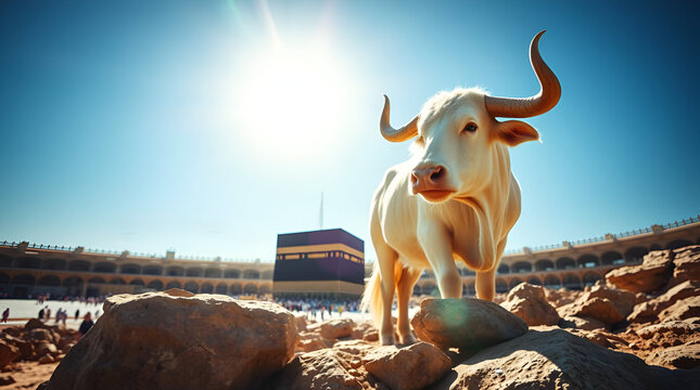 Eid al adha celebration, Eid ud Duha banner concept, White Ox on Hill with Kaaba, Generative Ai
