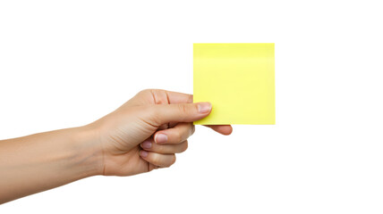 Fototapeta premium Hand holding blank yellow sticky note paper for message or reminder presentation template design on transparent background