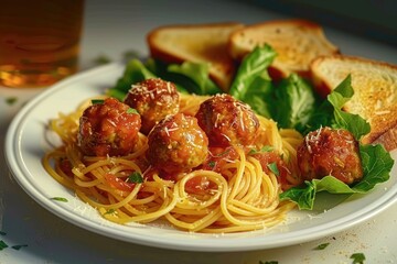 Fototapeta premium plate of spaghetti topped with five sauced meatballs and garnished with fresh green leaves served alongside toasted bread slices on a white plate