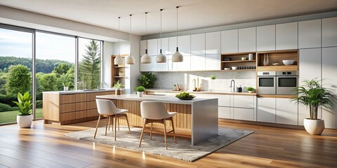 Fototapeta premium Drone Aerial View Modern Kitchen White Furniture Wooden Table Product Photography - High Resolution Image