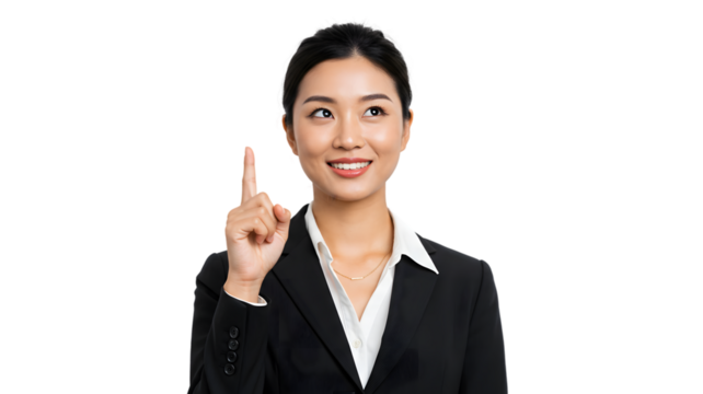 Business woman pointing up having an idea concept asian professional with solution inspiration eureka moment on transparent background