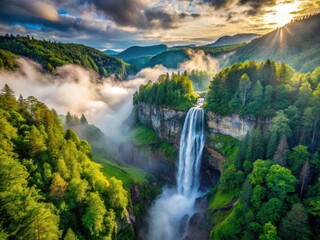 Drone Photography Foggy Waterfall Lush Green Trees Misty Mountains Aerial View