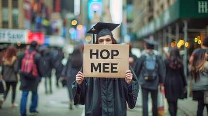 Graduate wearing cap and gown holding a cardboard sign with text in a busy city street filled with pedestrians