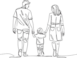 Minimalist black linear sketch of a happy family with parents and a child holding hands walking together depicted in continuous line art drawing style isolated on white background