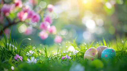 Easter bunny and Easter eggs on green grass