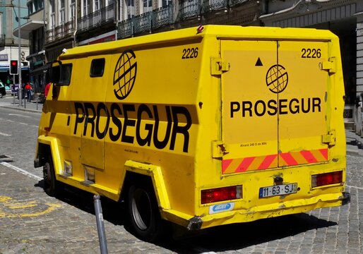 Prosegur armored truck parked on a cobblestone street in Portugal
