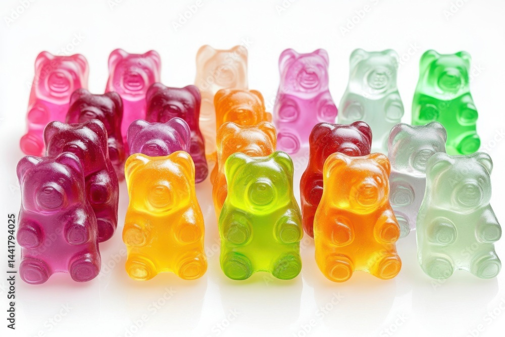 Poster assorted gummy bears standing on a white surface in rows with multiple vibrant colors displayed