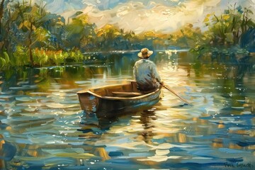 Person wearing hat rowing a wooden boat on a calm river surrounded by lush green trees with sunlight reflecting on the water creating a peaceful and serene atmosphere