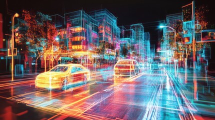 Digital city street, cars driving, night, wireframe, future tech
