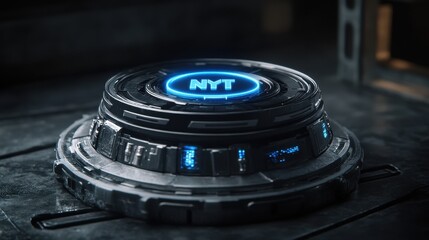 Futuristic, circular, technological device with glowing text.