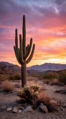 Desert sunset with saguaro cactus, sunrise over mountains, scenic landscape photo