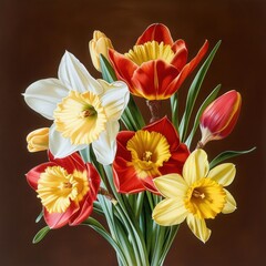 Fototapeta premium vibrant bouquet of red and yellow tulips mixed with white and yellow daffodils on green stems against a warm brown background, evoking fresh springtime energy