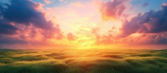 Obraz premium Sunset over grassy field, colorful sky