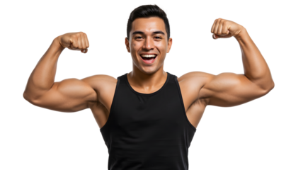 Man flexing biceps showing muscle growth and fitness progress after workout and strength training routine on transparent background
