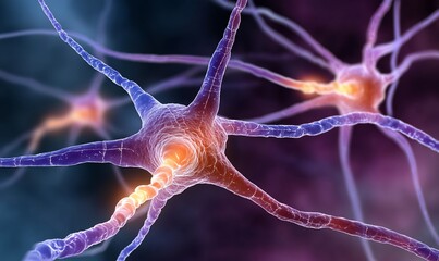 Detailed close-up view of interconnected neurons with intricate branching structures, exhibiting vibrant colors and glowing details. Suitable for educational use in biology, neuroscience, or medicine