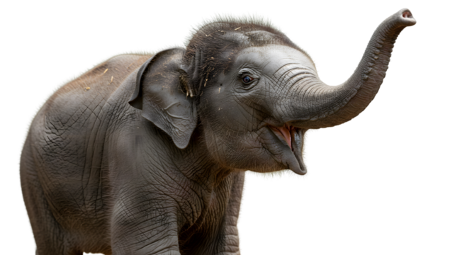 Asian elephant calf with trunk up close up portrait wildlife animal photography zoo animal baby elephant on transparent background
