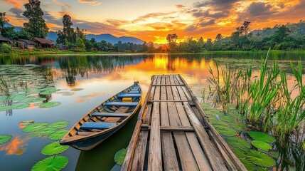 Fototapeta premium Tranquil lake scene at golden hour, with wooden dock and boat.