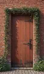 Rustic red brick wall, weathered wood door, climbing vines , decay, rustic