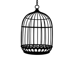 Empty Birdcage Hanging Illustration Black and White