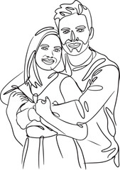 Continuous line art drawing of a happy loving couple with the man holding his girlfriend in a romantic embrace drawn in minimalist black linear style on a clean white background