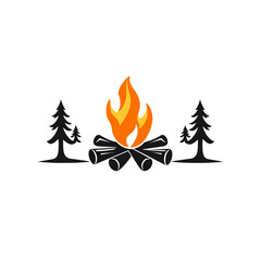 Campfire Logo Design with Pine Trees