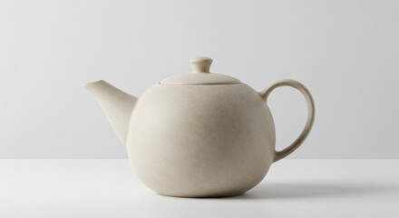 Beige Teapot Sits on White Surface, Offering Warmth and Serenity, Still Life