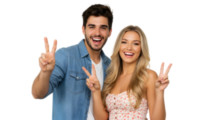 Happy young couple making peace sign portrait isolated for lifestyle and relationship content creation on transparent background