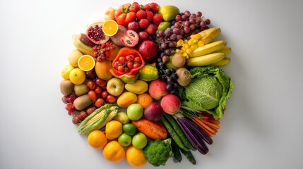 Colorful circle of fresh fruits and vegetables, celebrating nature's bounty and healthy eating.