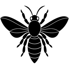 Minimalist silhouette of a black bee with simple wings and body details