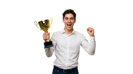 Man celebrating win holding golden trophy award with joy and success in business achievement concept on transparent background
