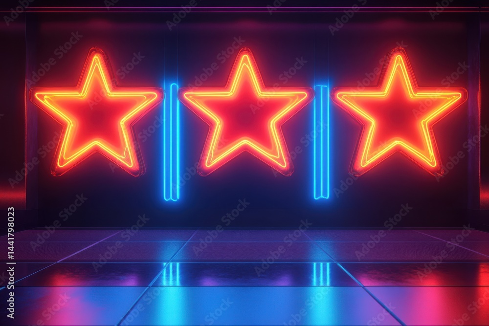 Poster three neon stars with blue lines on a reflective surface against a dark background scene rendering