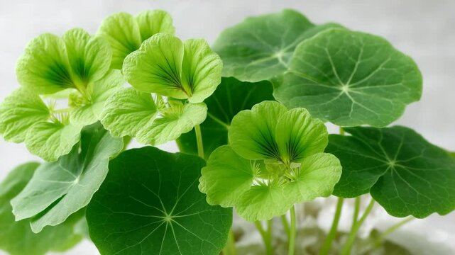 Bright green nasturtium plants with vibrant flowers thriving in a sunny indoor setting