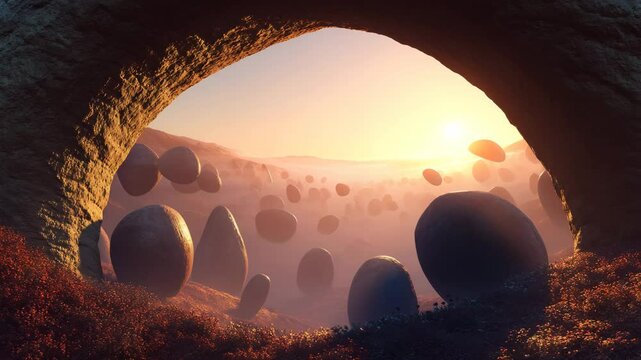 Sunset view through a rock archway reveals a misty landscape with numerous floating, dark gray and blue ish stones. Warm, orange hues dominate the sky and the ground is a mix of red and brown. 