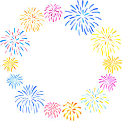 水彩で描いたカラフルな花火の円フレーム