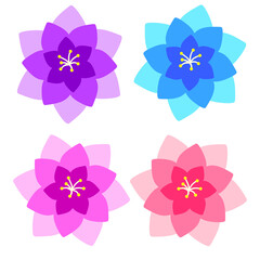 Colorful Layered Flower Blossoms – Pink, Purple, Blue, and Red Petals in Flat Style