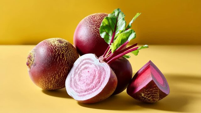 Bunch of red beets with one of them cut in half. The beets are arranged in a row on a yellow background