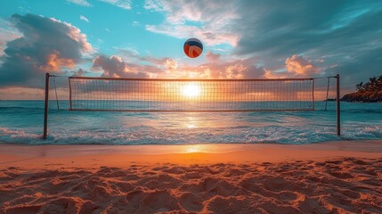 Tropical Beach Volleyball at Sunset: Serene Sports Scene with Colorful Skies