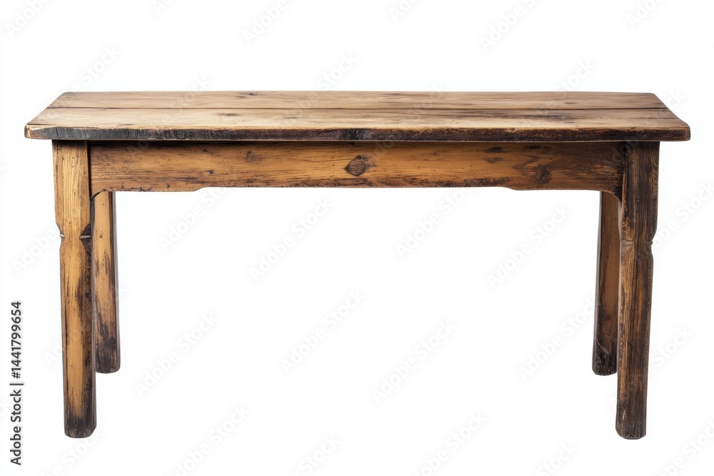 Poster a rustic wooden table with a distressed finish isolated on a white background in a studio shot