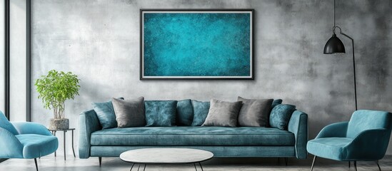 Modern Living Room Interior with Teal Accents and Concrete Textured Wall